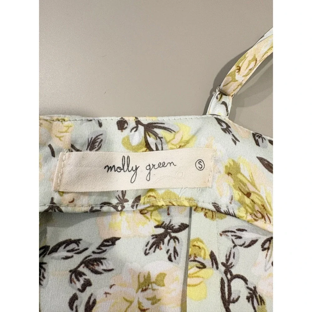 Molly Green Faux Wrap Dress S Yellow  Satin Floral Cowl Midi Wedding Coquette